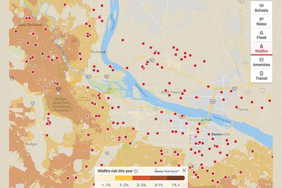 A map on Realtor.com shows the wildfire risk for homes listed for sale on June 9, 2023.